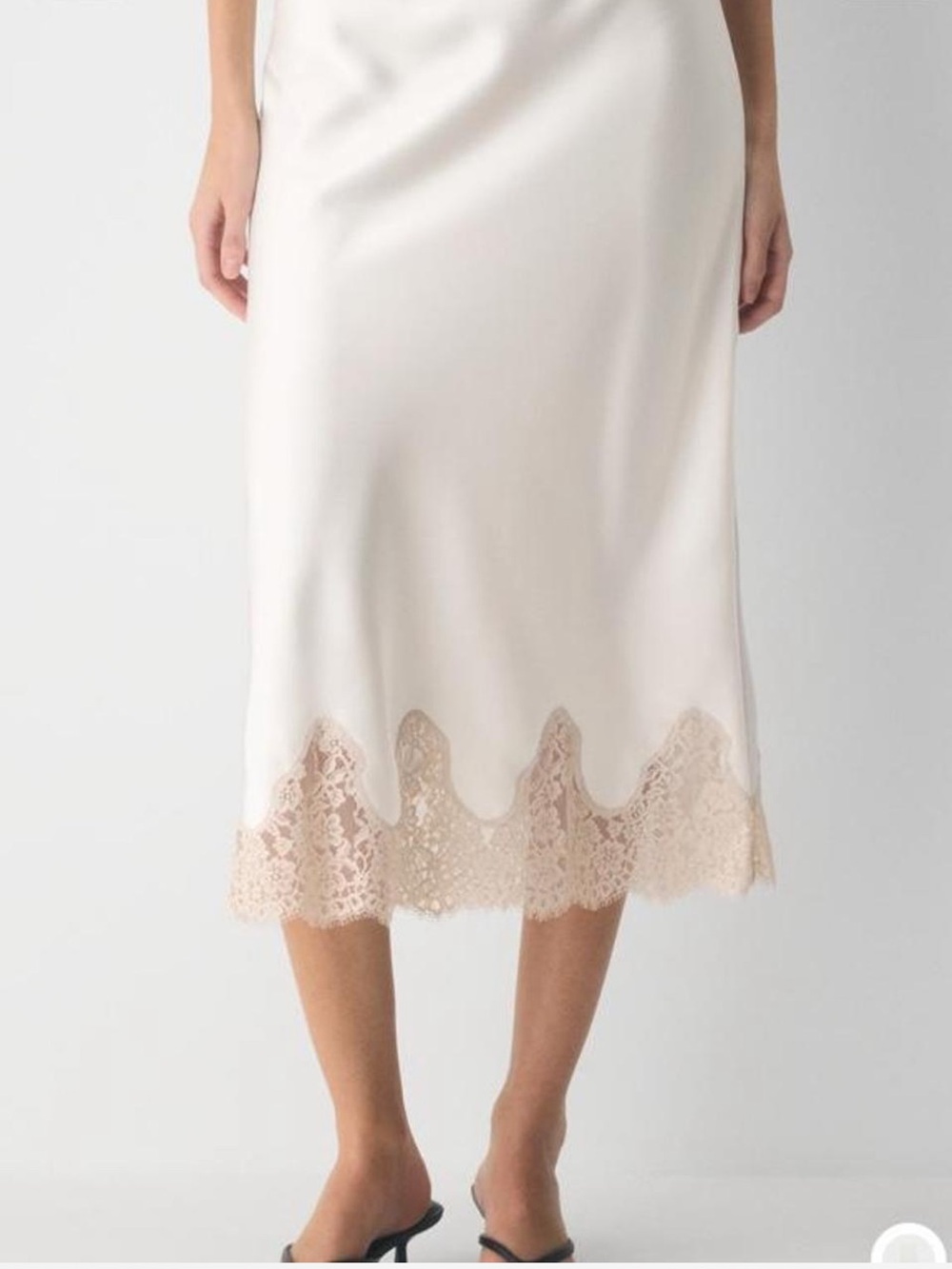 aritzia Henrietta Satin Skirt in White with beige lace trim